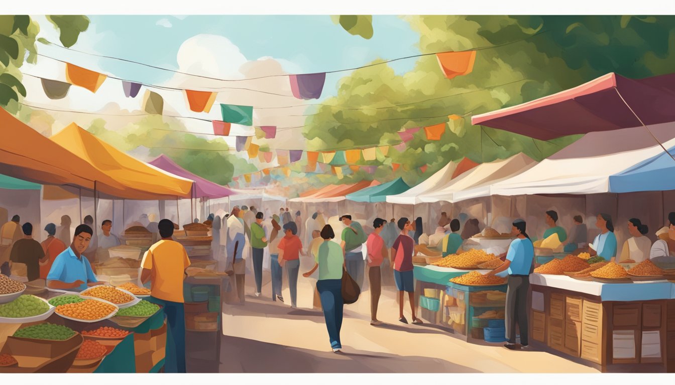 A bustling street market in Mexico's coffee regions, with vendors selling aromatic and flavorful tacos from colorful food stalls