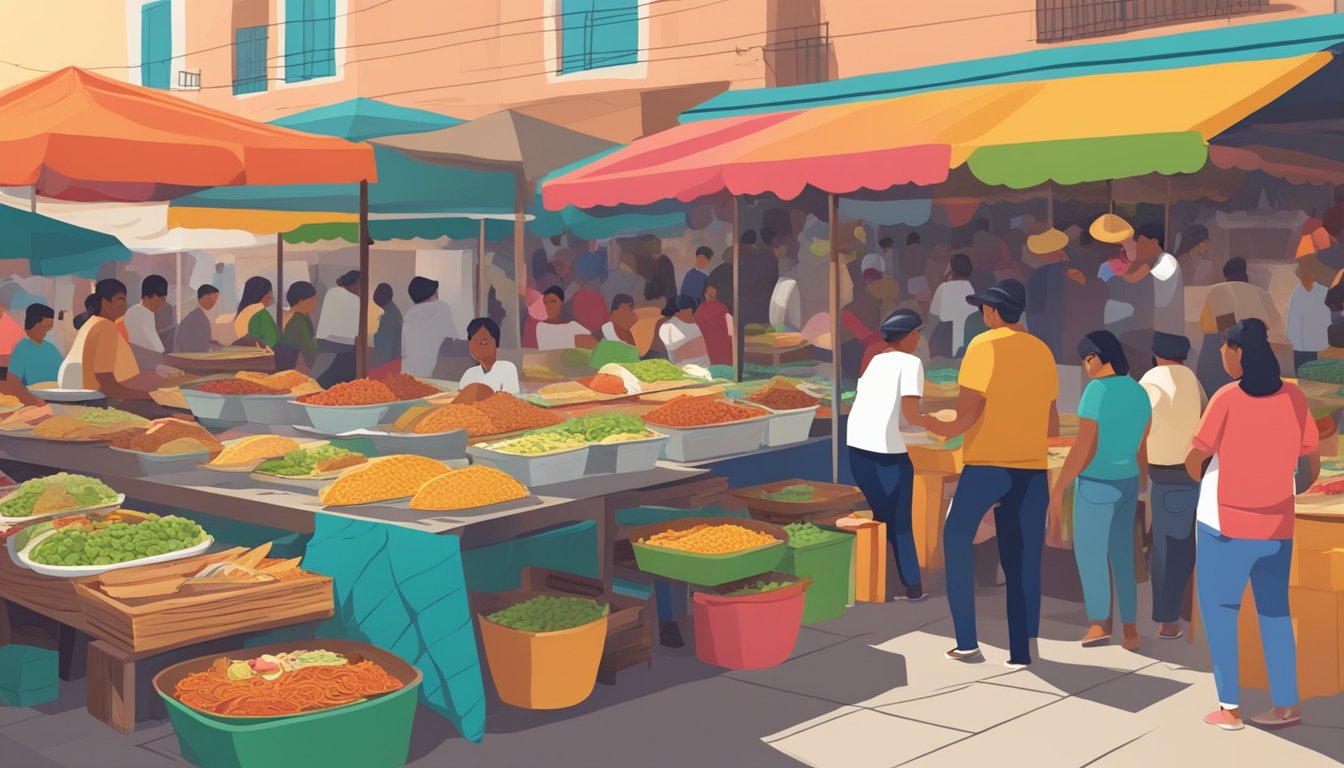 A bustling mercado in Mexico, with colorful stalls selling a variety of tacos. Vibrant cultural exchange as people from different backgrounds enjoy the best tacos