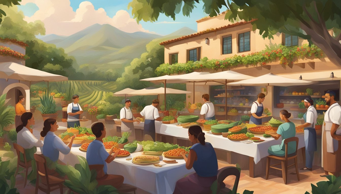 A lush hacienda with fields of organic produce, a bustling kitchen with chefs preparing sustainable tacos, and happy diners enjoying their meals in a beautiful outdoor setting