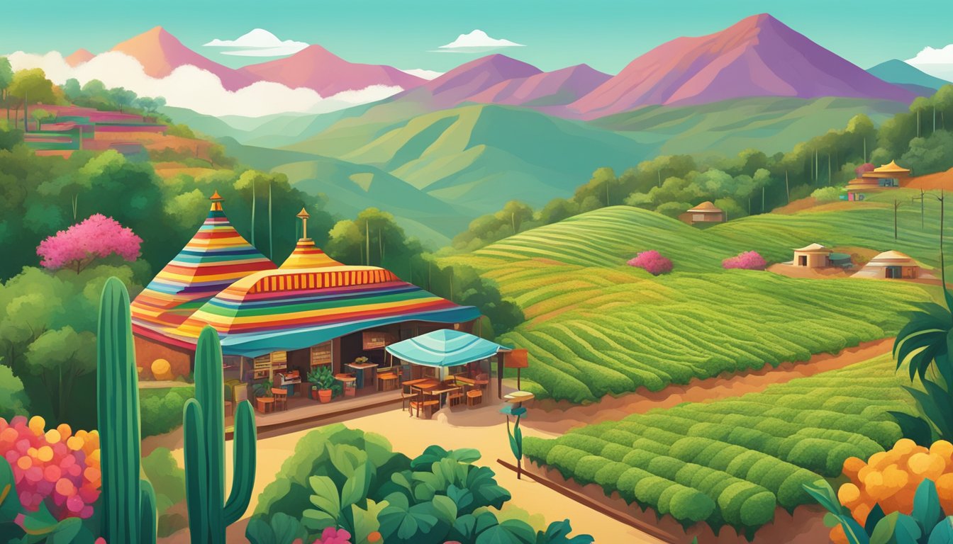 Lush coffee fields with colorful taco stands nestled among the trees, surrounded by mountains and dotted with traditional Mexican architecture