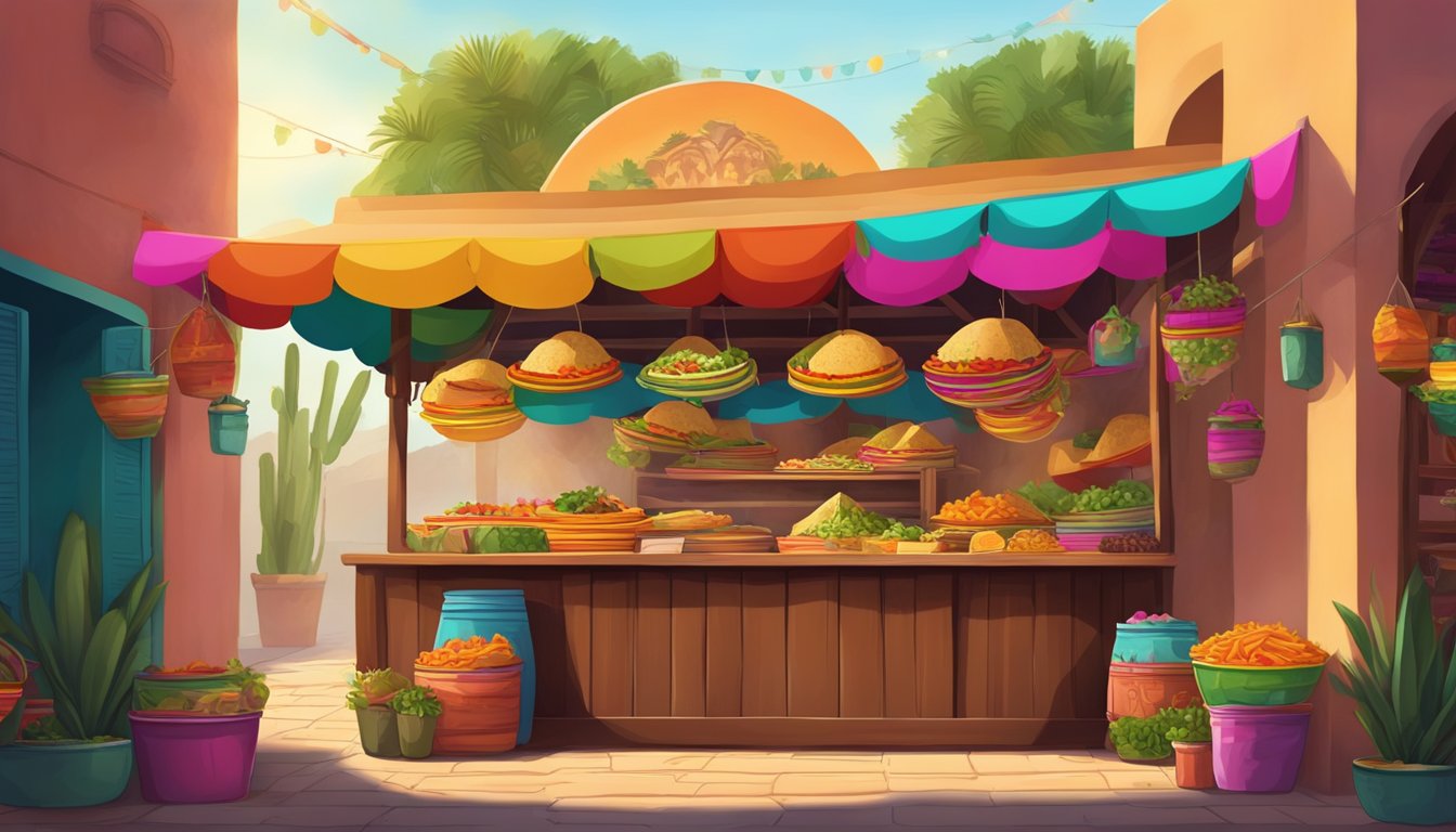 A colorful market stall with a variety of tacos surrounded by the vibrant architecture of a Mexican hacienda