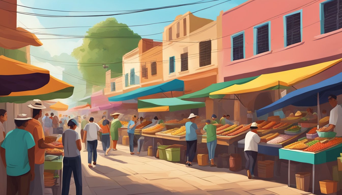 A colorful street market filled with vendors selling aromatic tacos in the bustling coffee regions of Mexico