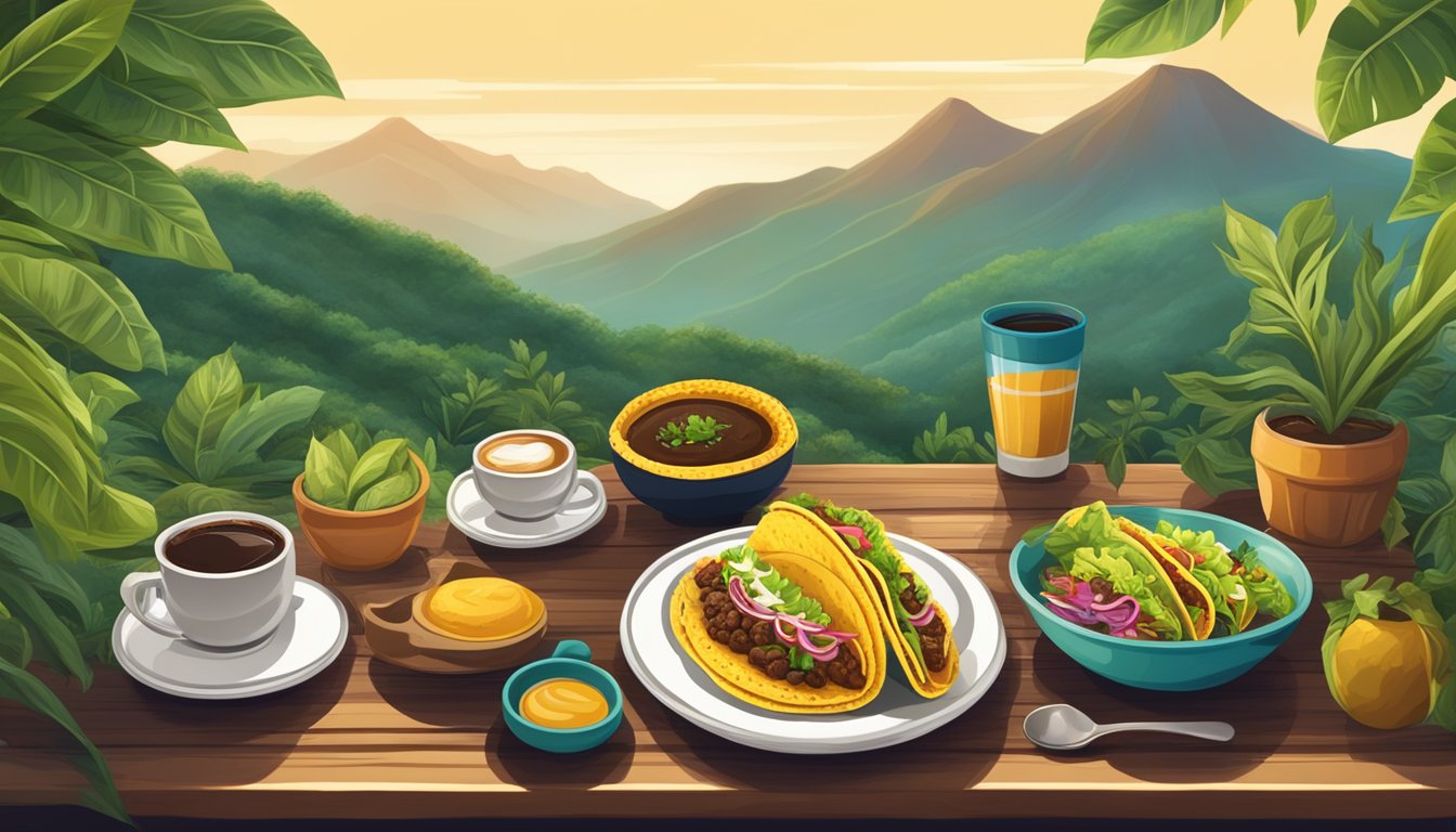 A table set with steaming tacos and a freshly brewed coffee, surrounded by lush coffee plants in the mountains of Mexico