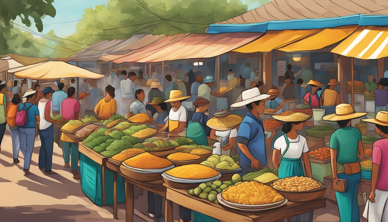 A bustling street market in Mexico's coffee regions, with vendors selling sustainable tacos amidst vibrant colors and the aroma of freshly brewed coffee