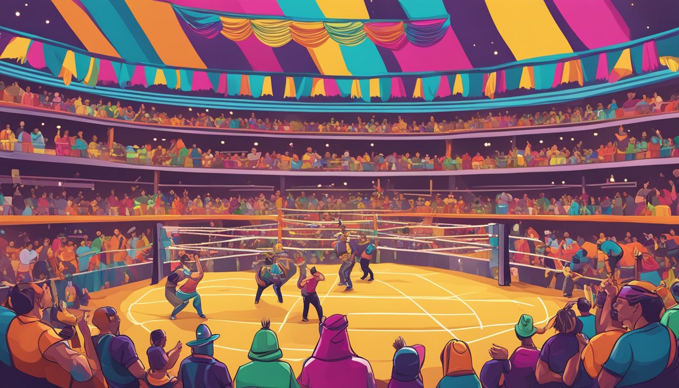 Colorful Lucha Libre arena with vendors serving tacos, surrounded by enthusiastic fans and wrestlers in vibrant costumes