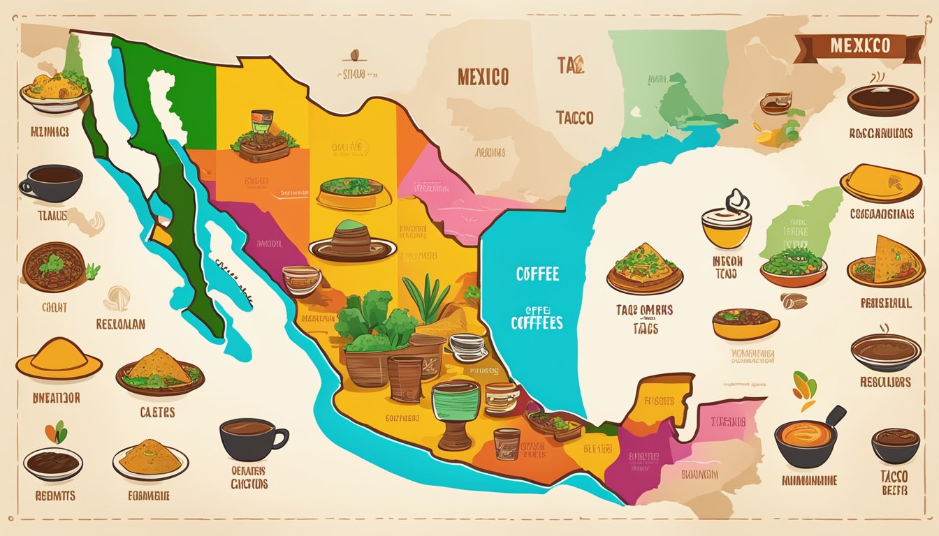 A colorful map of Mexico's coffee regions with various taco icons marking the best taco spots