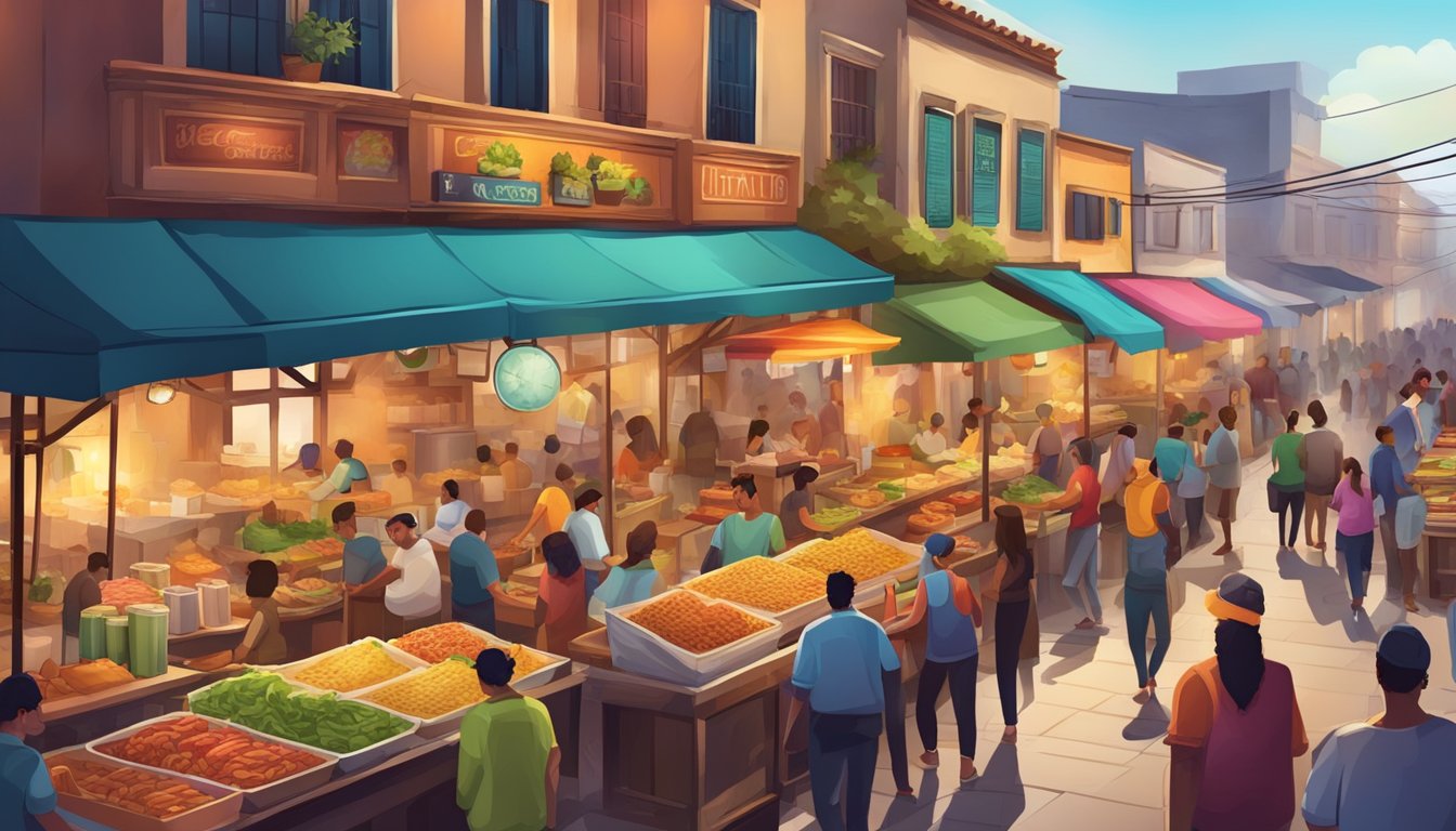 A bustling street market with colorful food stalls and lively customers, while a traditional restaurant with a cozy atmosphere and mouth-watering tacos