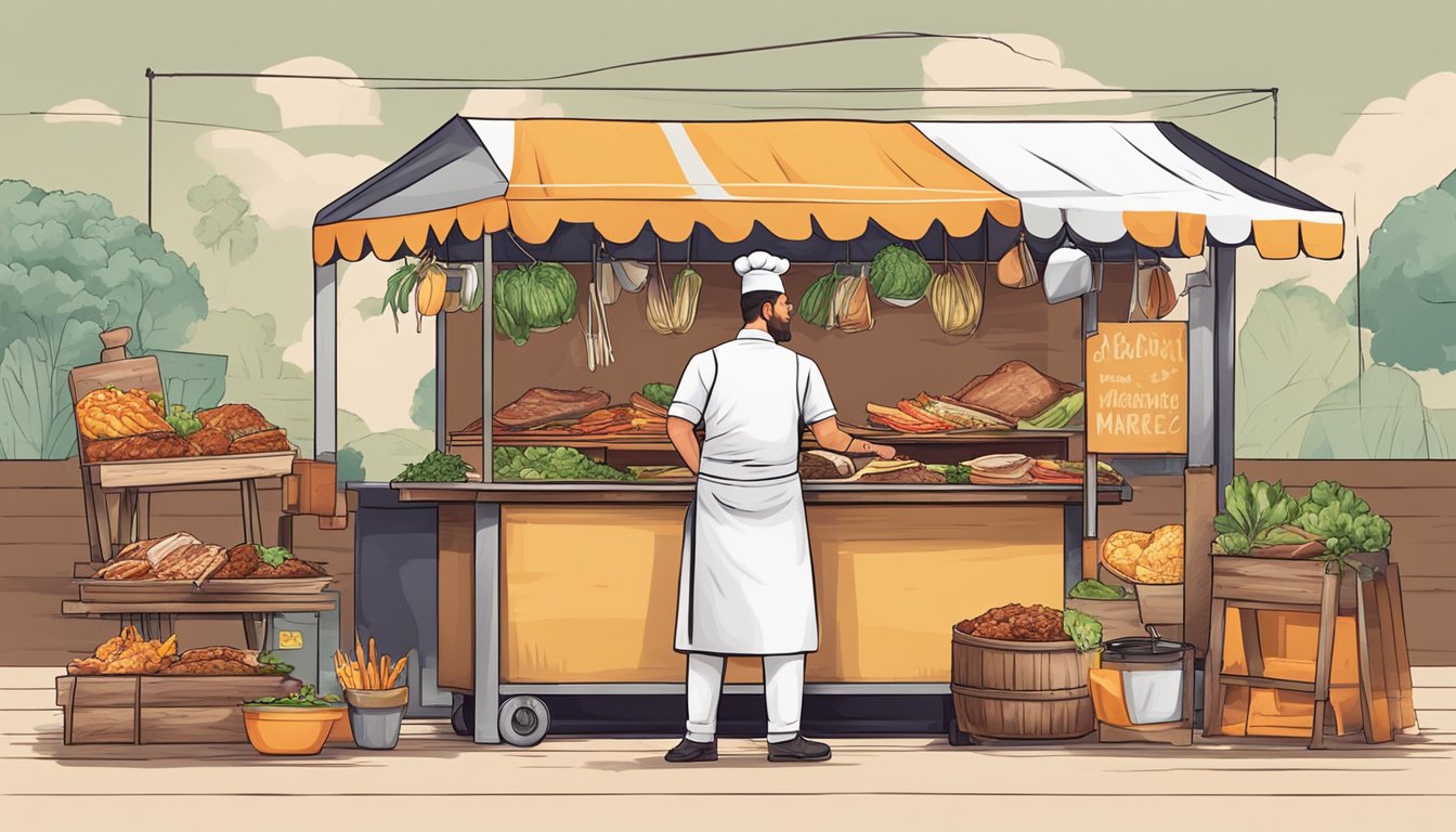 A traditional outdoor market stall with a chef grilling marinated meat and assembling tacos with fresh ingredients