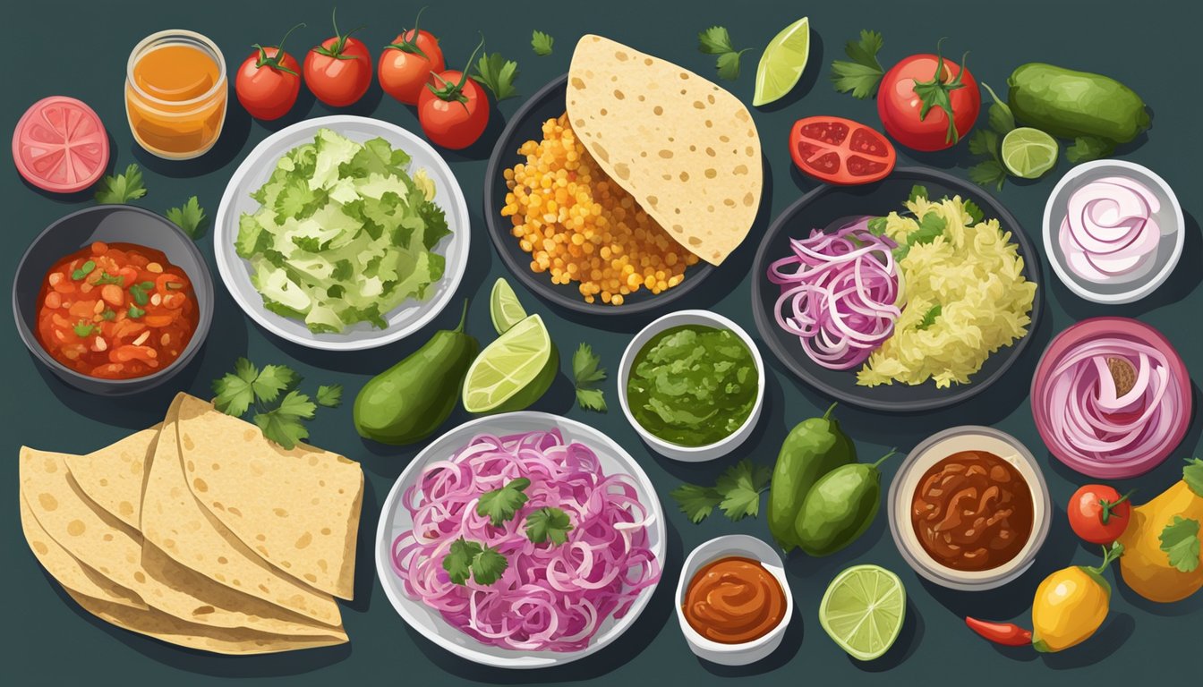 A table set with a variety of colorful and flavorful accompaniments and sides for Yucatan Tacos, including pickled onions, fresh cilantro, and spicy salsas