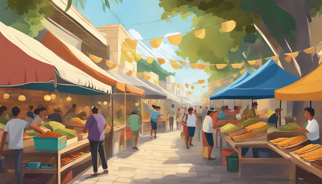 A bustling outdoor market in the Yucatan Peninsula, with colorful stalls selling traditional tacos and locals and tourists enjoying the delicious cuisine