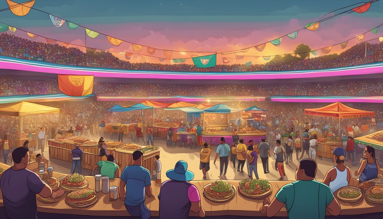 Colorful taco stands surround a bustling lucha libre arena, with vendors serving up mouthwatering tacos to excited spectators