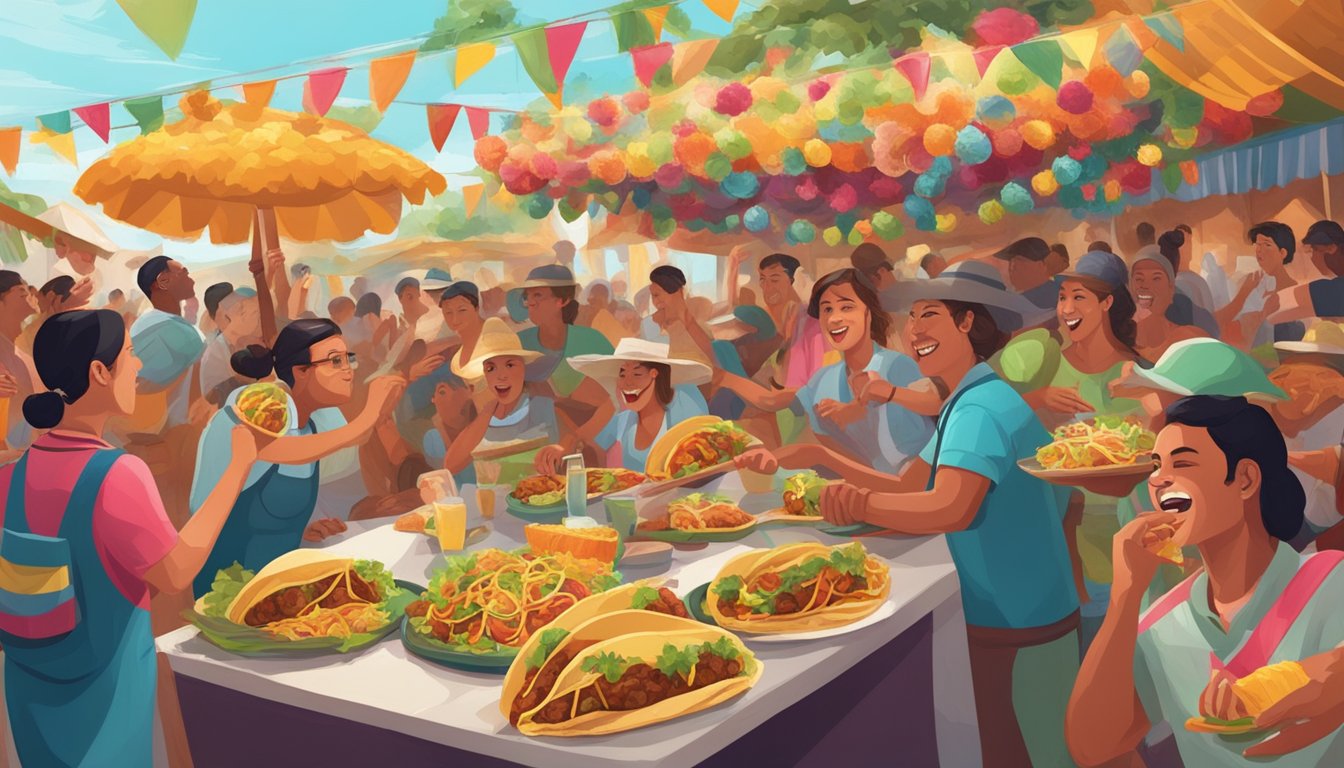 A lively festival scene with colorful decorations, taco stands, and enthusiastic contestants devouring delicious tacos in the Yucatan Peninsula