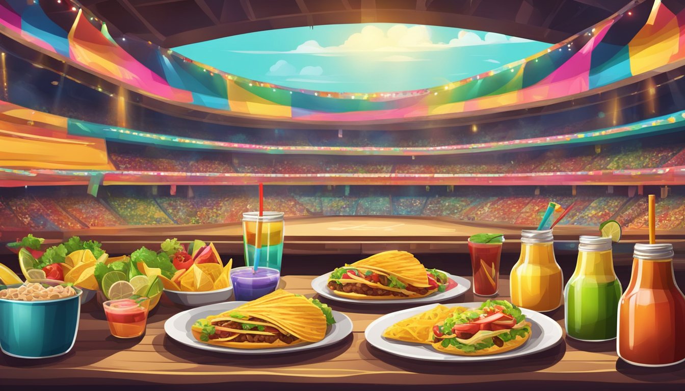 Lucha libre arena with colorful tacos and traditional drinks