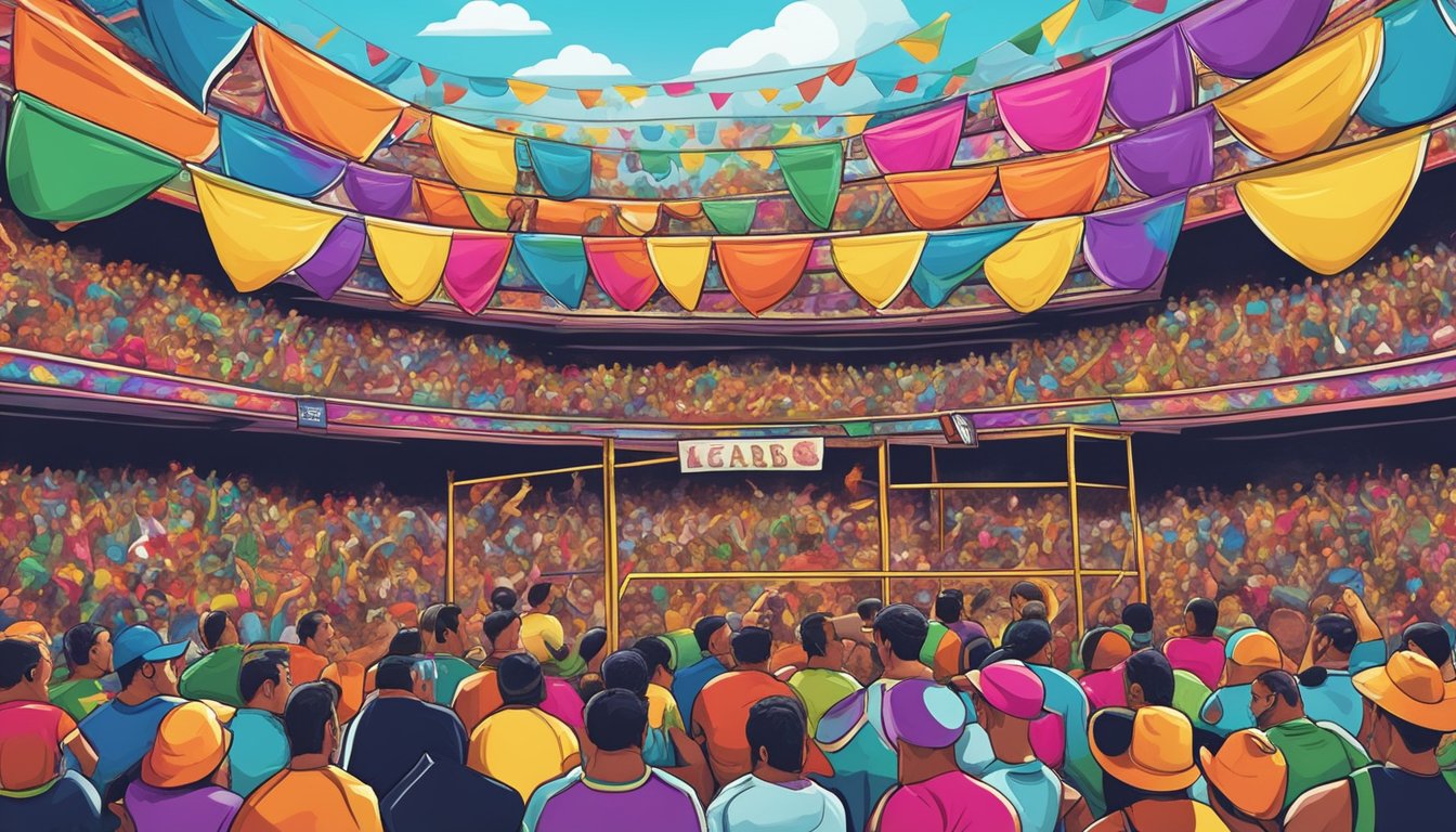 Colorful tacos displayed on a vendor's stand amidst cheering fans and wrestling action in a vibrant lucha libre arena