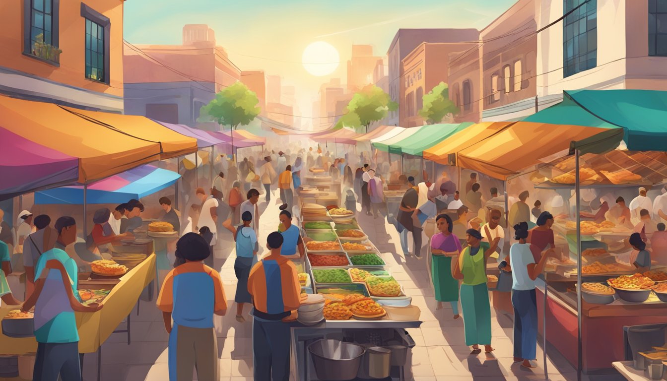 A bustling street market with colorful food stalls and vendors serving up steaming hot tacos to a diverse crowd of hungry travelers