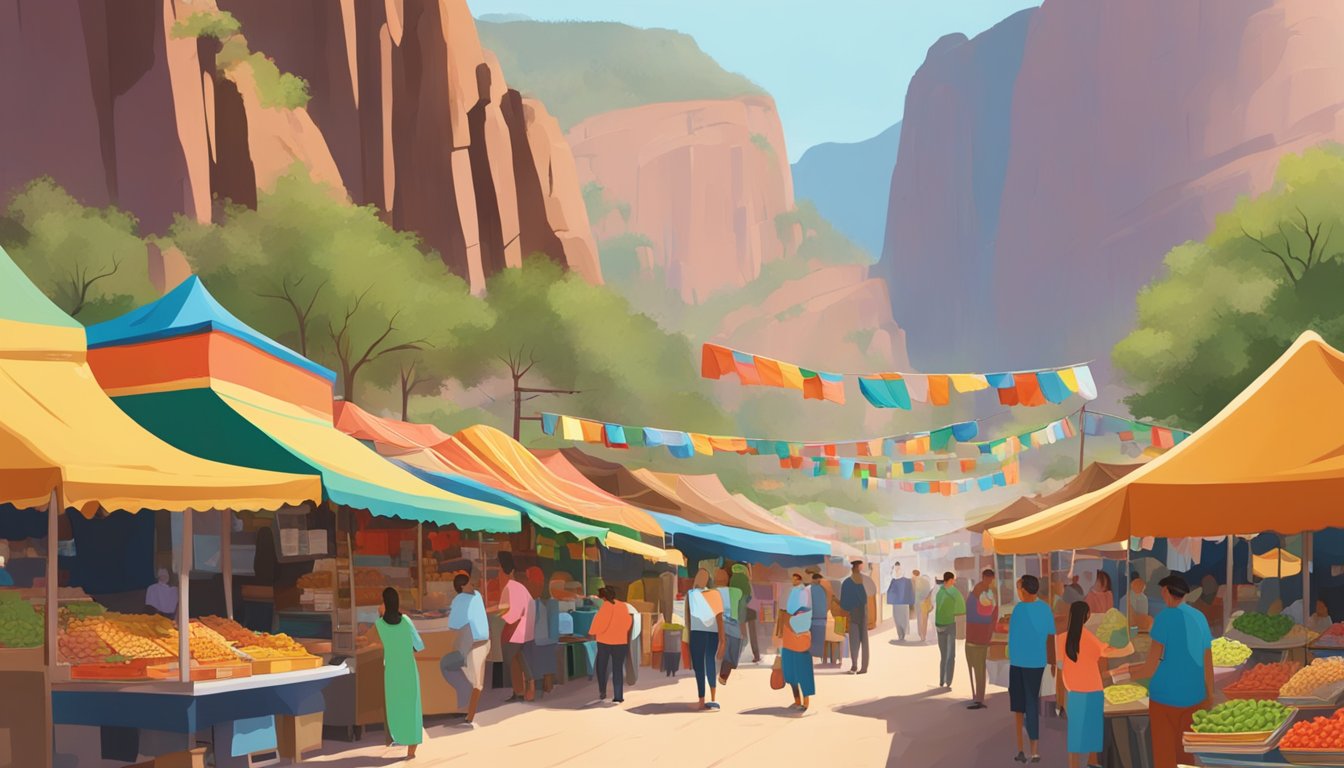 A bustling street market in Copper Canyon, with colorful taco stands and a backdrop of towering cliffs