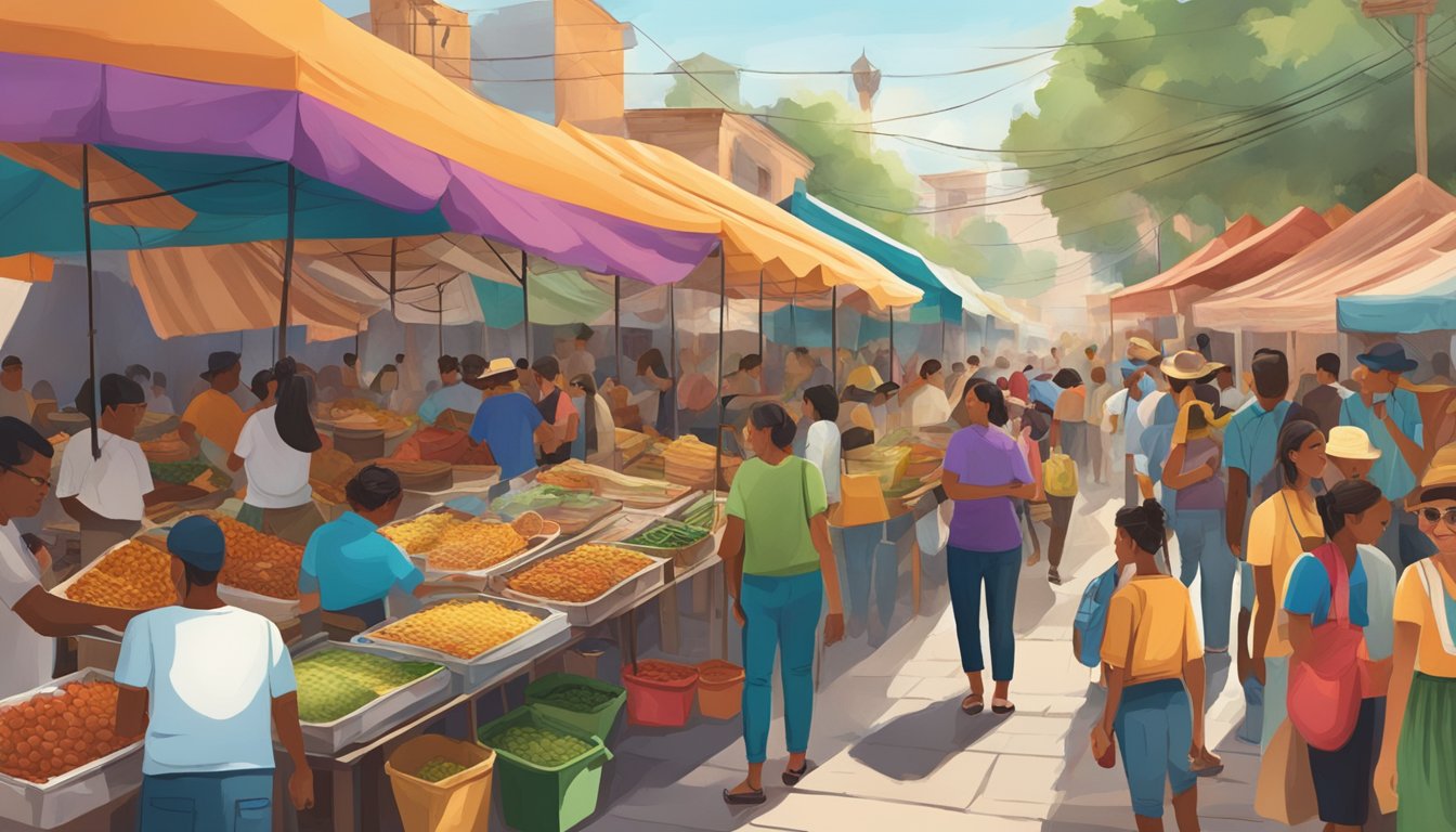 A bustling street market with colorful food stalls and a diverse crowd enjoying the best tacos along Mexico's migrant trails