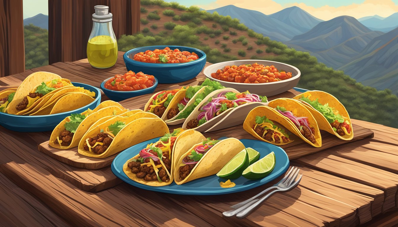 A colorful array of tacos spread out on a rustic wooden table in the scenic Copper Canyon, Mexico