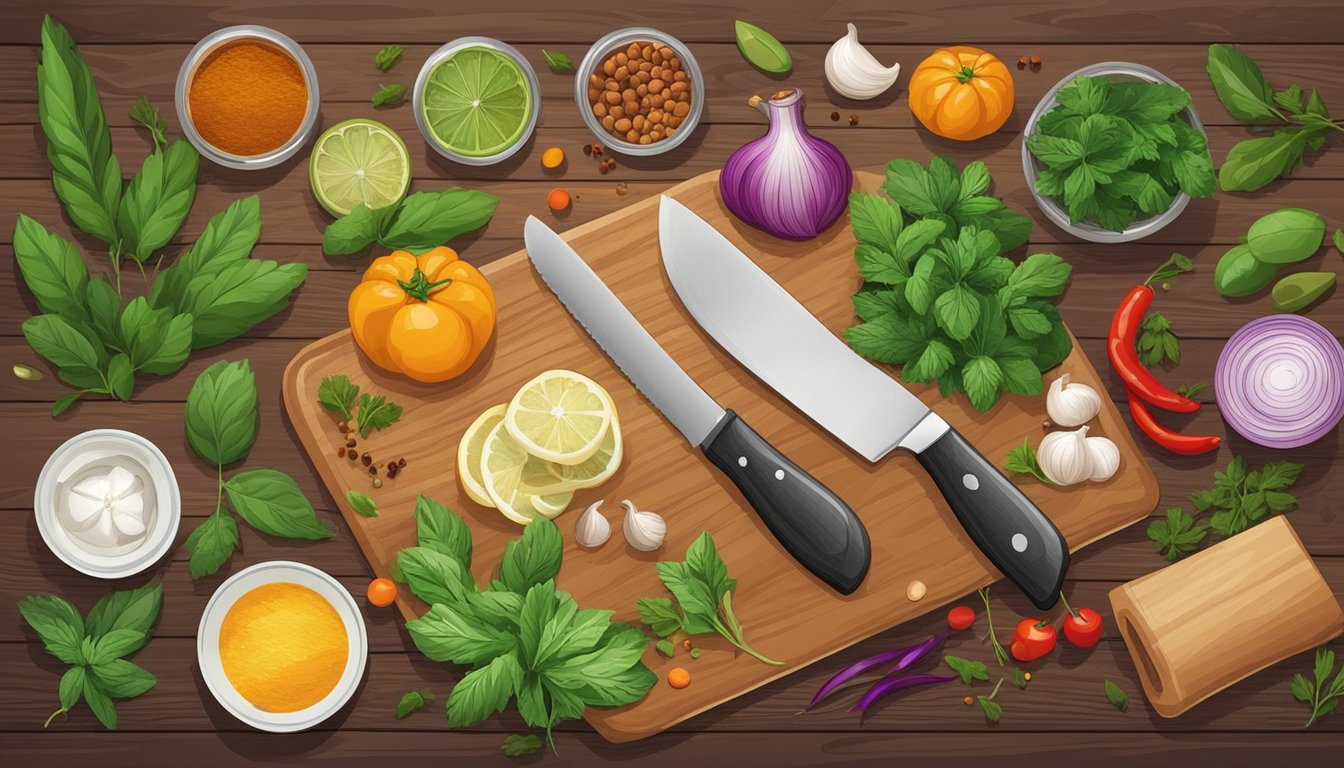 Fresh ingredients laid out on a wooden table, surrounded by colorful spices and herbs. A chef's knife and cutting board are ready for use