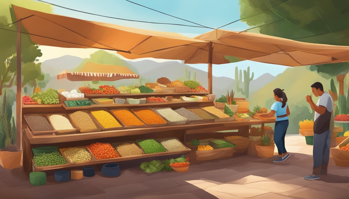 Vibrant market stall with colorful array of fresh ingredients and aromatic spices for the best tacos in Mexico's Copper Canyon