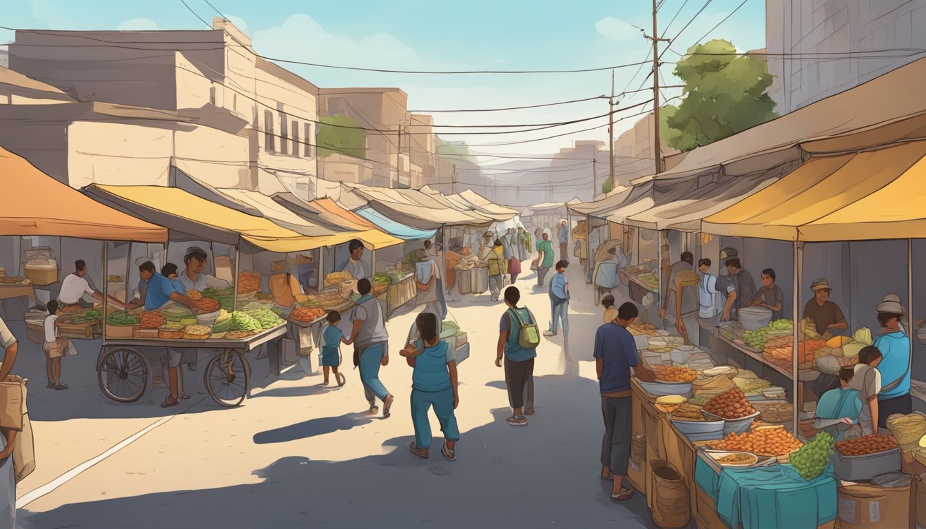 A bustling street market along a dusty transit route, with vendors selling delicious tacos to hungry travelers