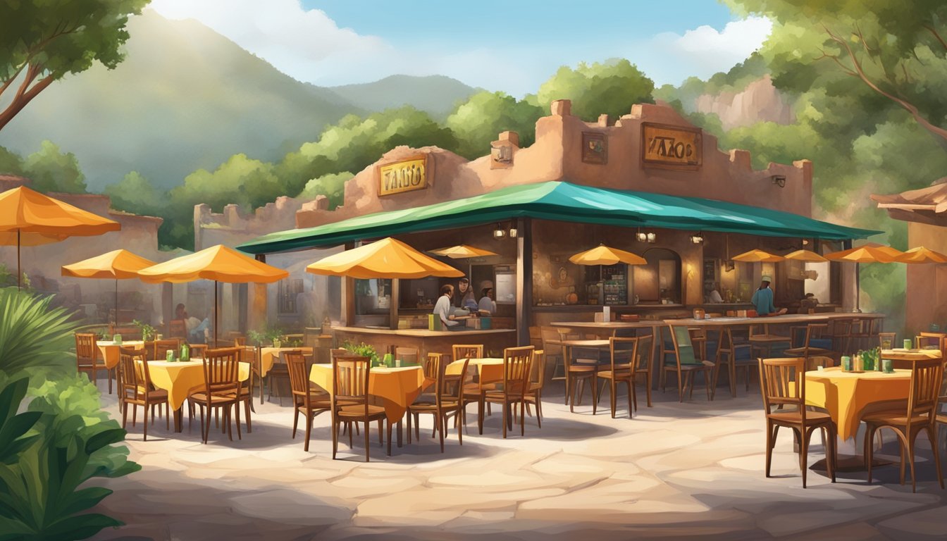 A rustic outdoor restaurant in Copper Canyon, Mexico, with colorful tables and chairs, surrounded by lush greenery and serving the best tacos in the area