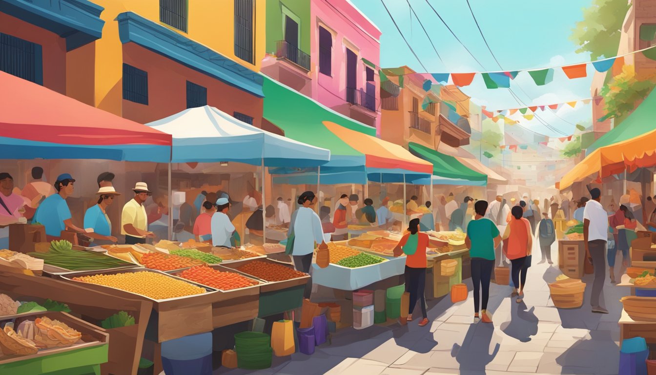 A bustling street market with colorful food stalls and people enjoying tacos, surrounded by vibrant Mexican culture and traditional music