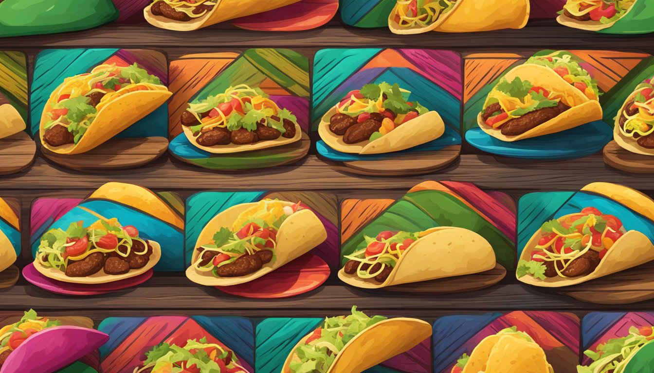 A colorful array of tacos lined up on a rustic wooden table, set against a backdrop of vibrant Mexican landscapes and trails