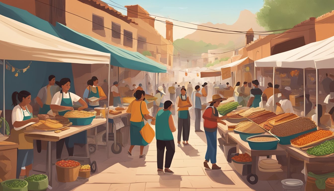 A bustling street market in Mexico's Copper Canyon, with vendors grilling savory meats and filling warm tortillas with fresh, flavorful toppings for the best tacos