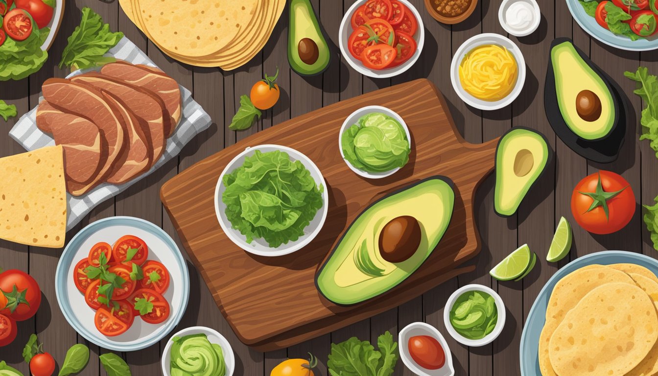 A colorful array of fresh ingredients, including tomatoes, lettuce, and avocados, are spread out on a wooden table next to a sizzling skillet of seasoned meat and warm tortillas