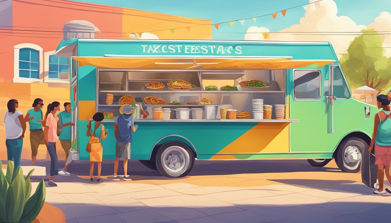 A colorful food truck surrounded by locals, serving up flavorful, authentic West Texas tacos under the bright, sunny sky