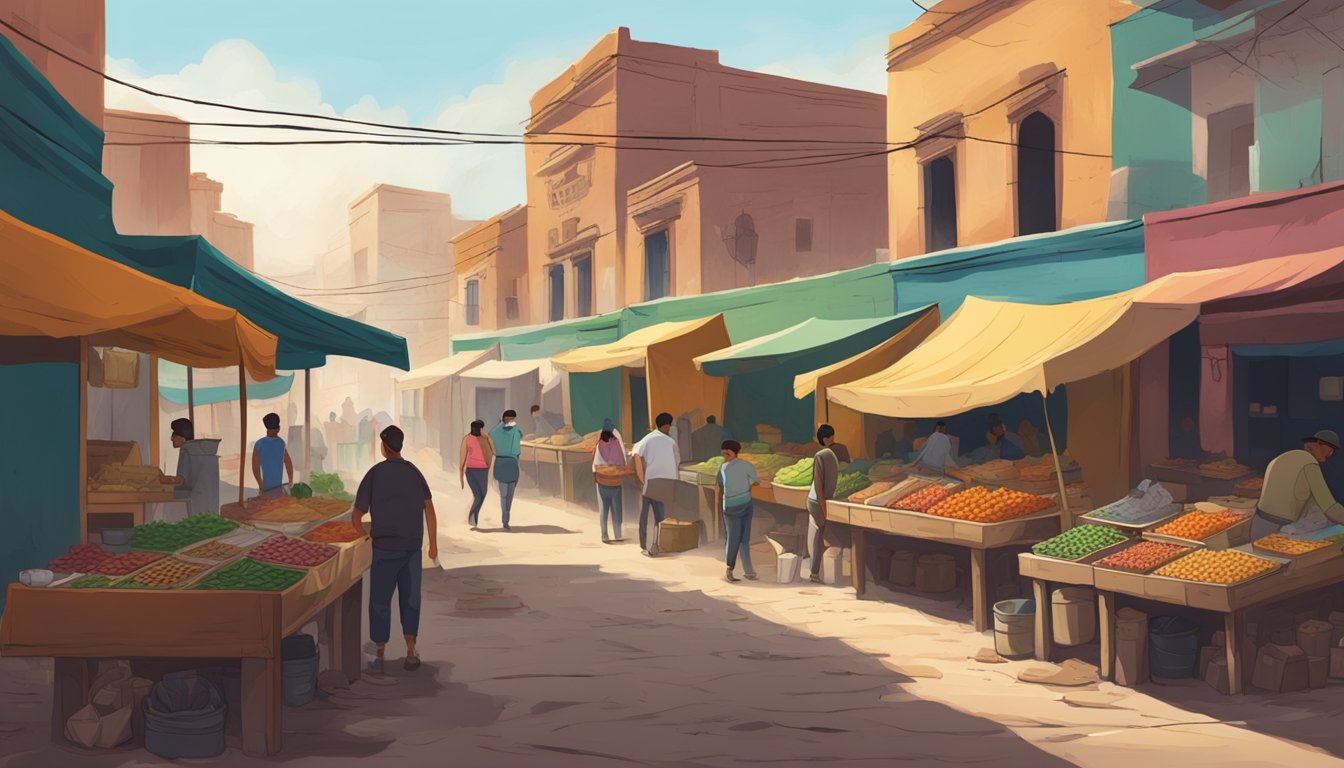 A bustling street market in a Mexican ghost town, with colorful stalls serving up the best tacos, surrounded by abandoned buildings and cacti