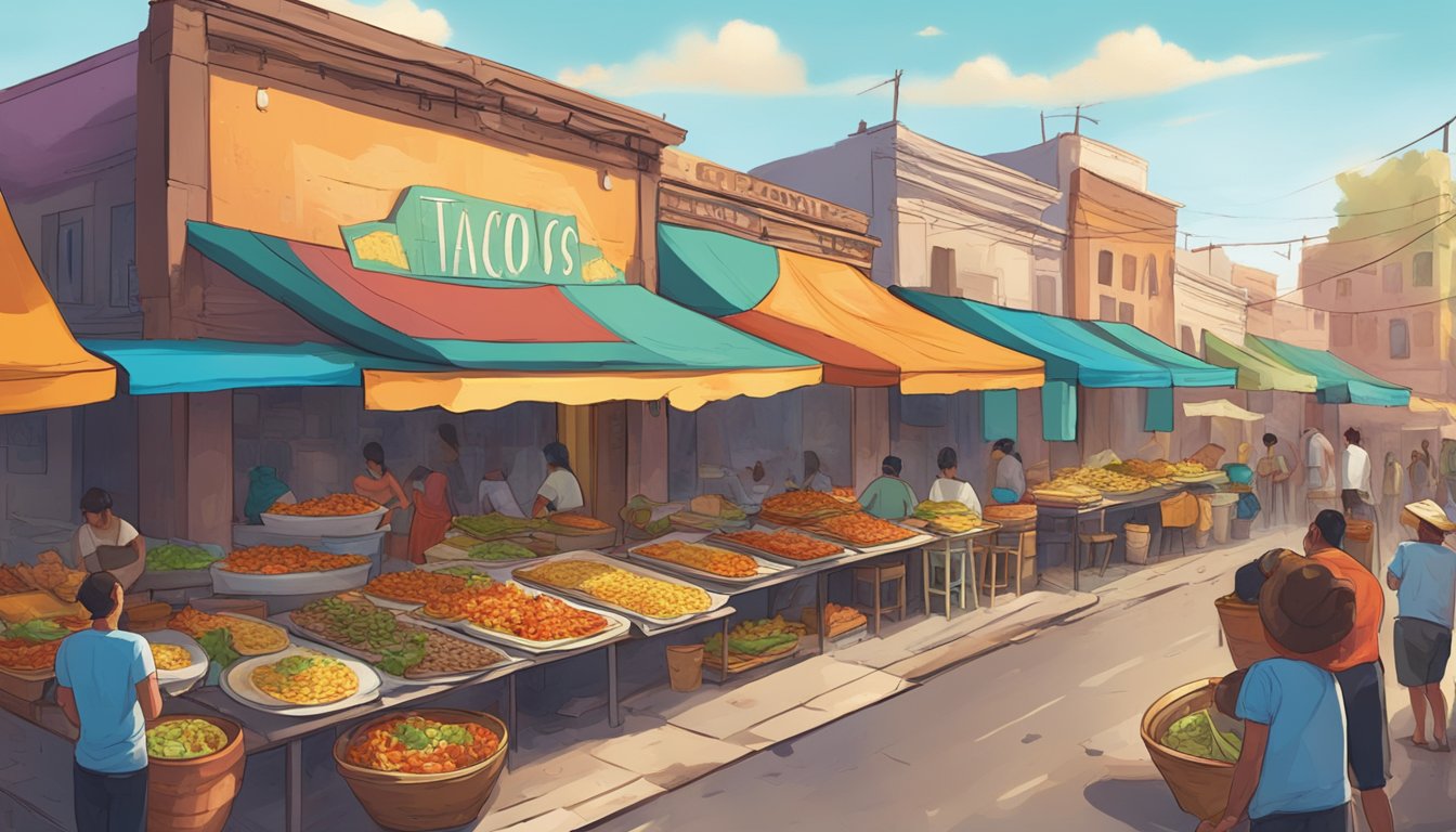 A colorful street market with crumbling buildings in the background, showcasing a variety of delicious tacos on display