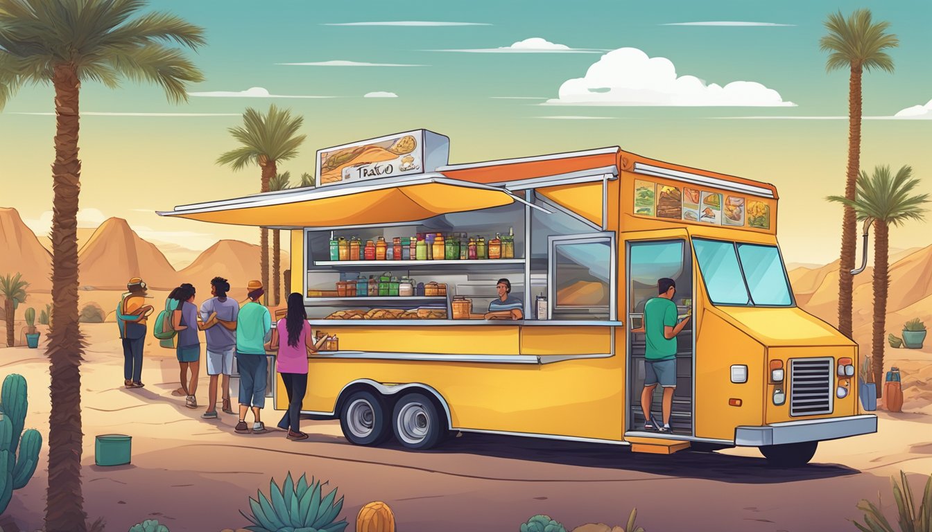 A colorful food truck surrounded by desert scenery, with a line of hungry customers waiting to order tacos