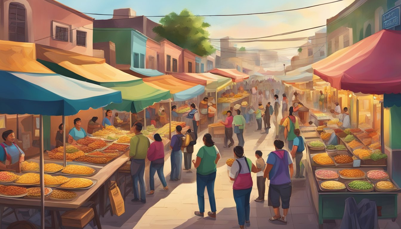 A bustling street market with colorful taco stands and a diverse crowd enjoying the best tacos in Mexico's northern frontier