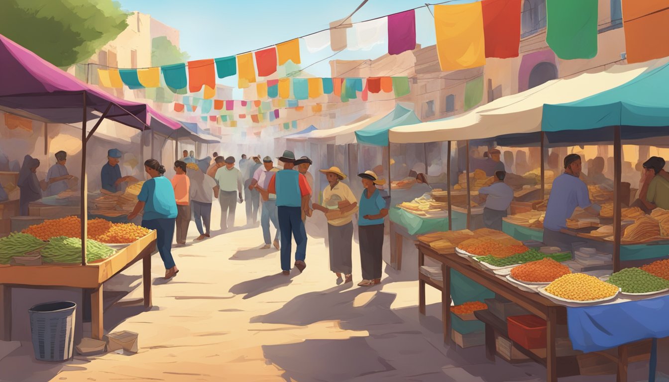 A bustling market in a Mexican ghost town, with colorful stalls selling regional variations of the best tacos