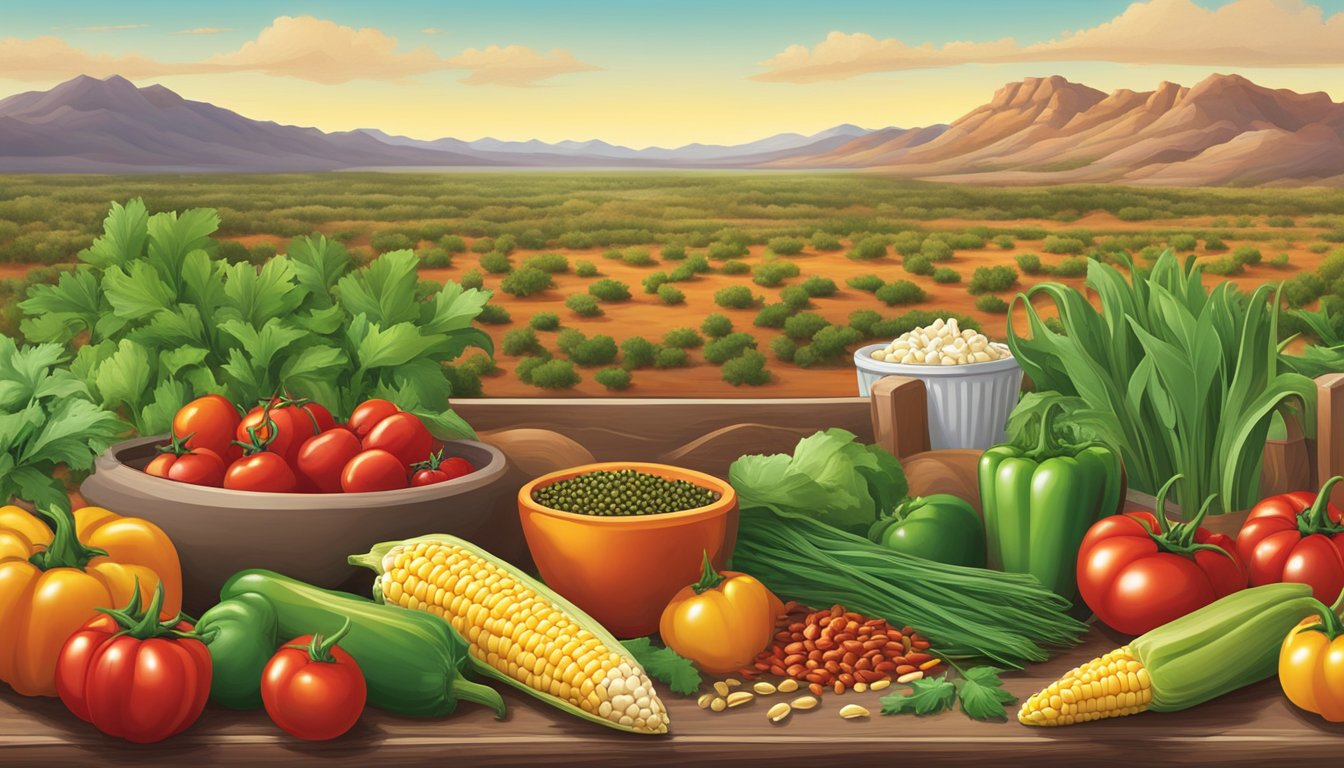 A colorful array of ingredients and spices, including chili peppers, cilantro, tomatoes, and corn, set against the backdrop of the West Texas landscape