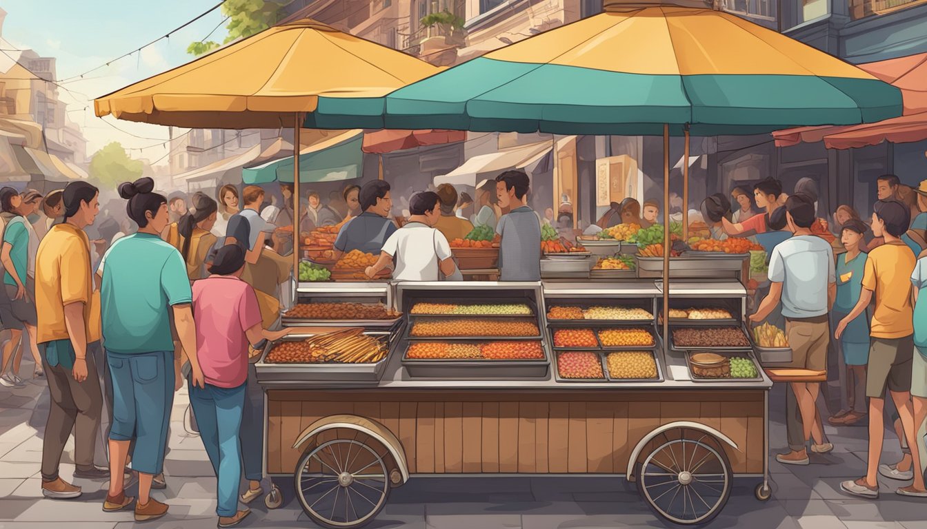 A rustic street vendor's cart with sizzling grills, colorful toppings, and a line of eager customers in a bustling market