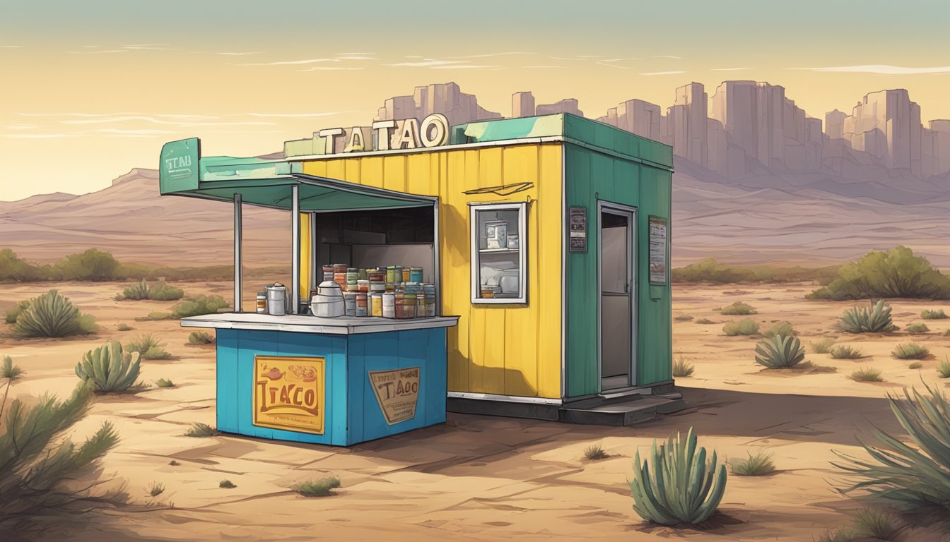 A lone taco stand amidst abandoned buildings, with a rugged desert landscape in the background