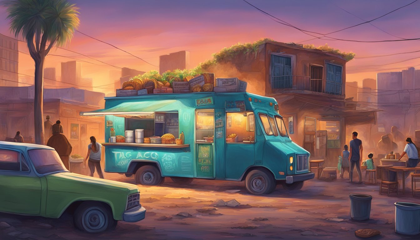 A bustling food truck surrounded by abandoned buildings, serving up the best tacos in Mexico's ghost towns. A colorful and lively scene amidst the eerie backdrop