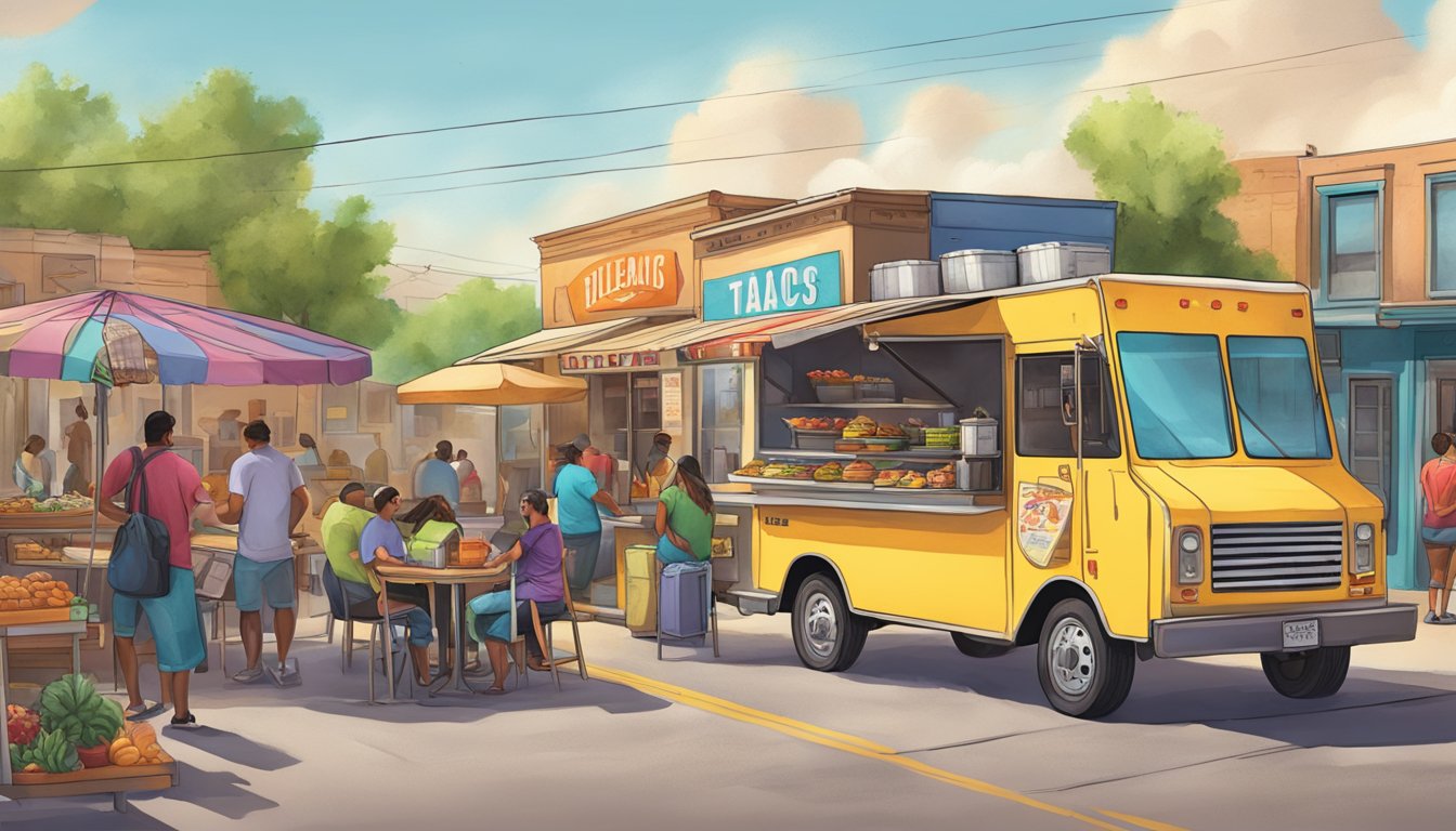 A bustling street corner with colorful food trucks and vendors selling sizzling, flavorful tacos in West Texas