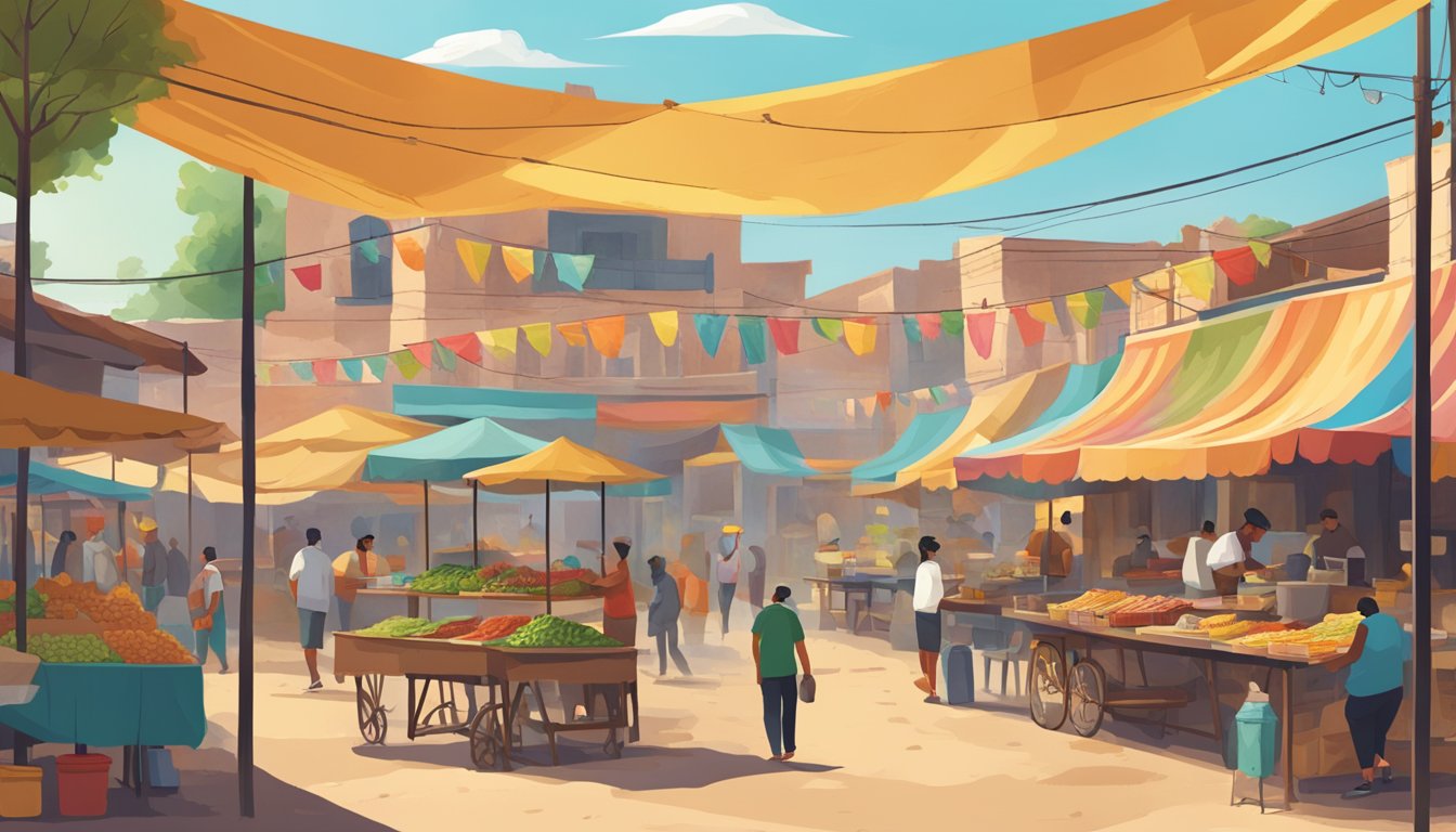 A bustling market in a deserted town, with colorful taco stands and locals enjoying sustainable, traditional recipes