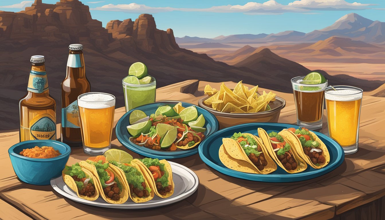 A rustic table displays a variety of tacos alongside glasses of craft beer and mezcal, set against a backdrop of rugged desert landscape