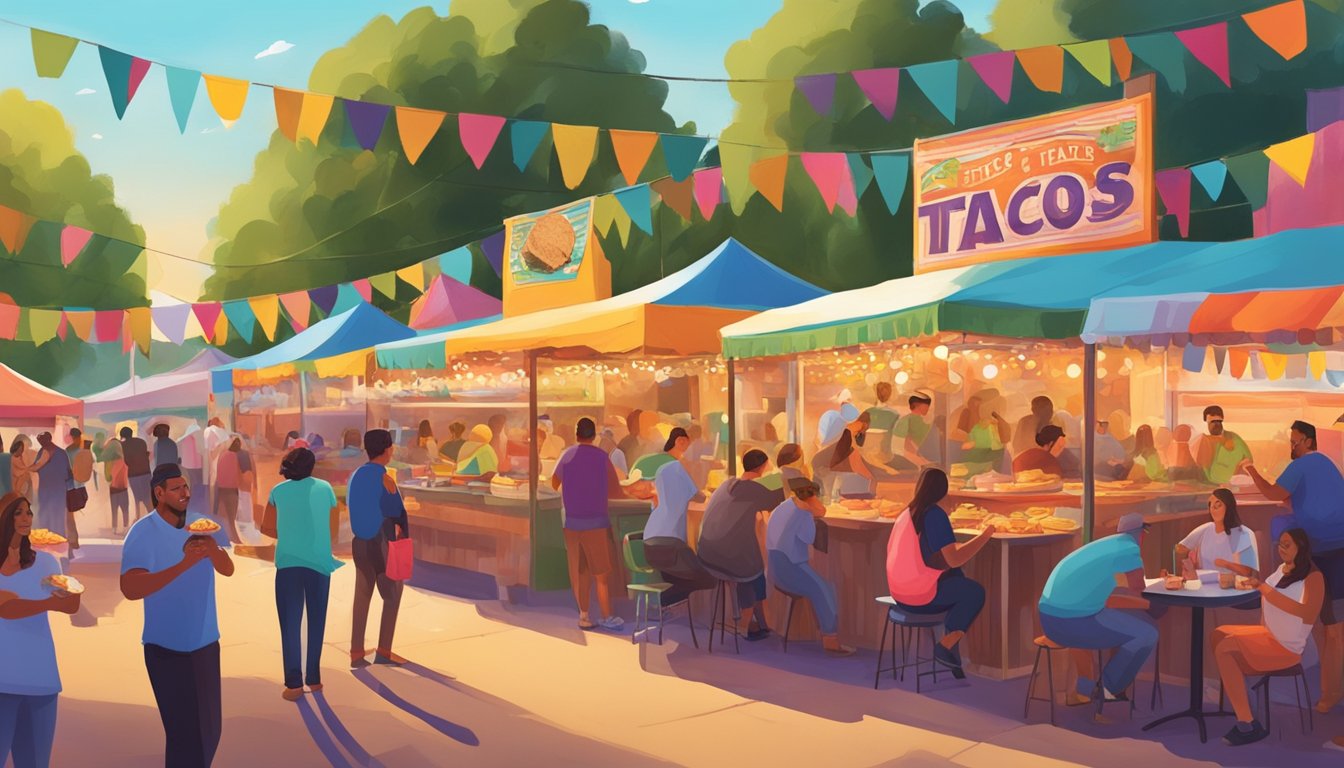 A colorful festival scene with food stalls, live music, and people enjoying tacos in West Texas