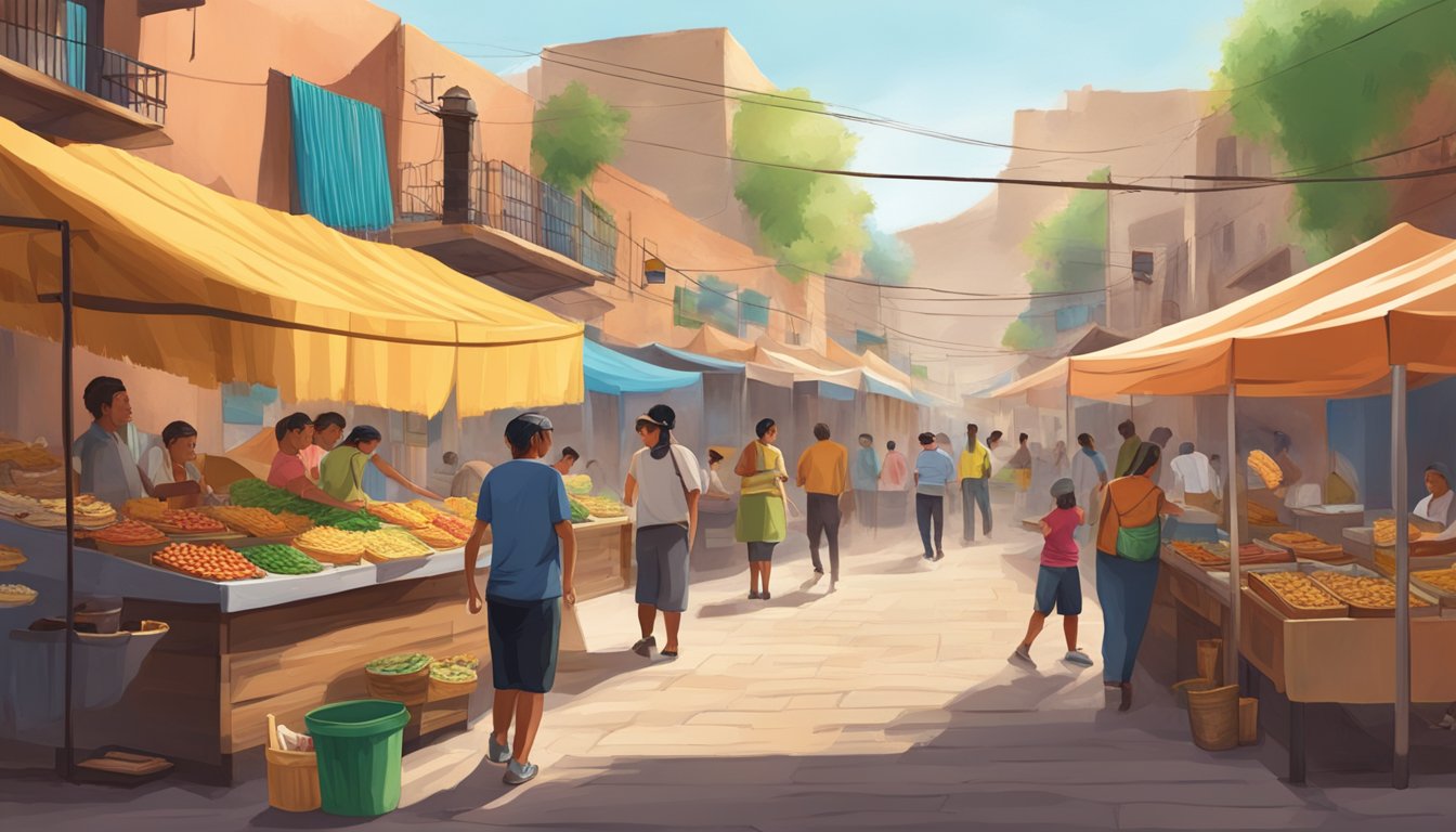 A bustling street market in a deserted Mexican town, with colorful taco stands and locals enjoying the best tacos in the area