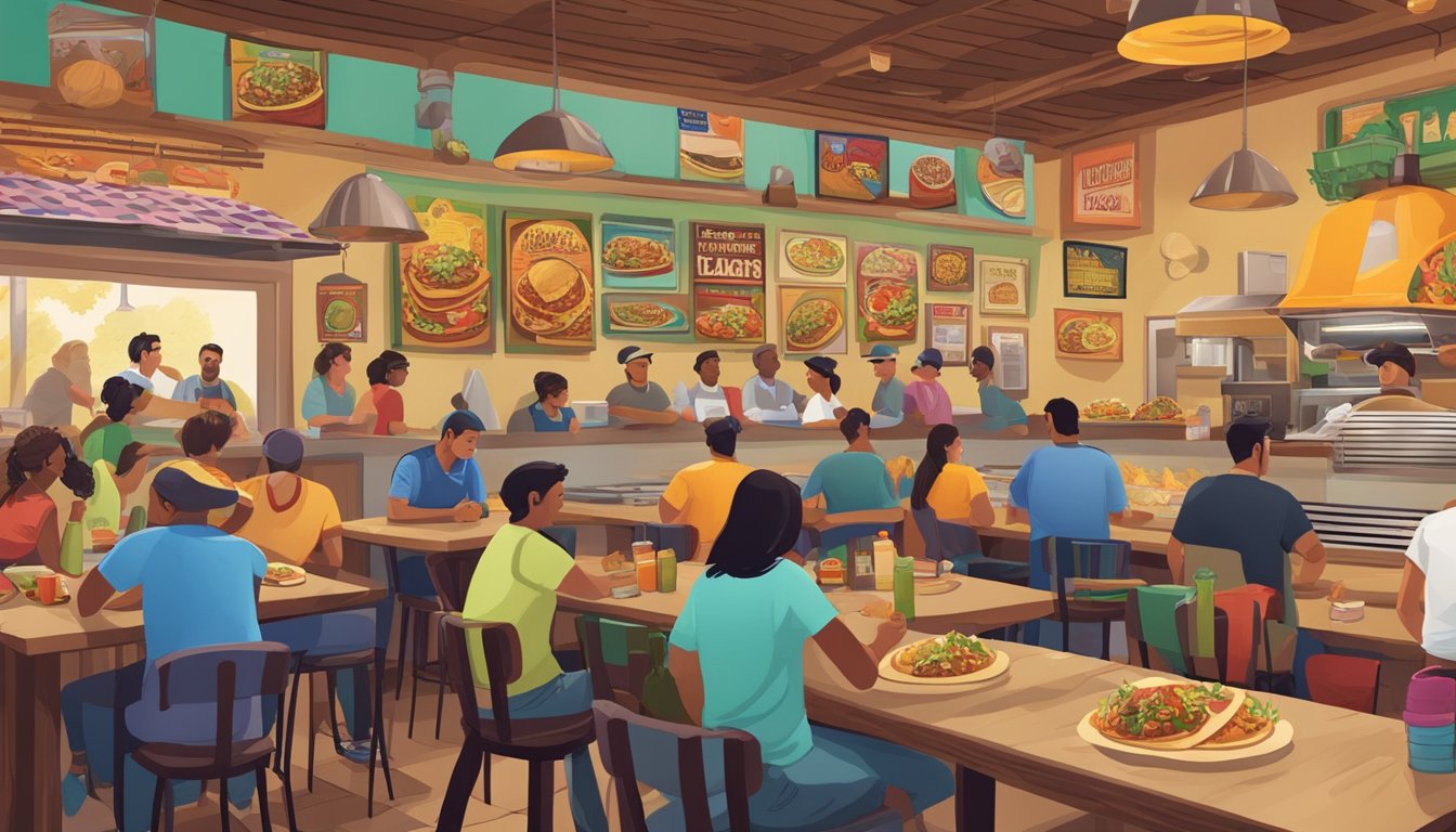 A bustling local taco joint in West Texas, with colorful decor, sizzling grills, and a line of hungry customers eagerly awaiting their delicious tacos