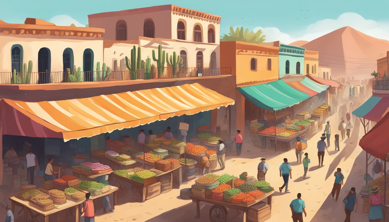 A bustling market in a Mexican ghost town, with colorful taco stands and lively crowds. Dusty streets are lined with historic buildings and cacti