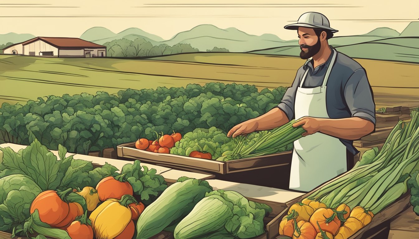 A farmer harvesting fresh vegetables from a sustainable farm, while a chef selects locally sourced ingredients for taco making