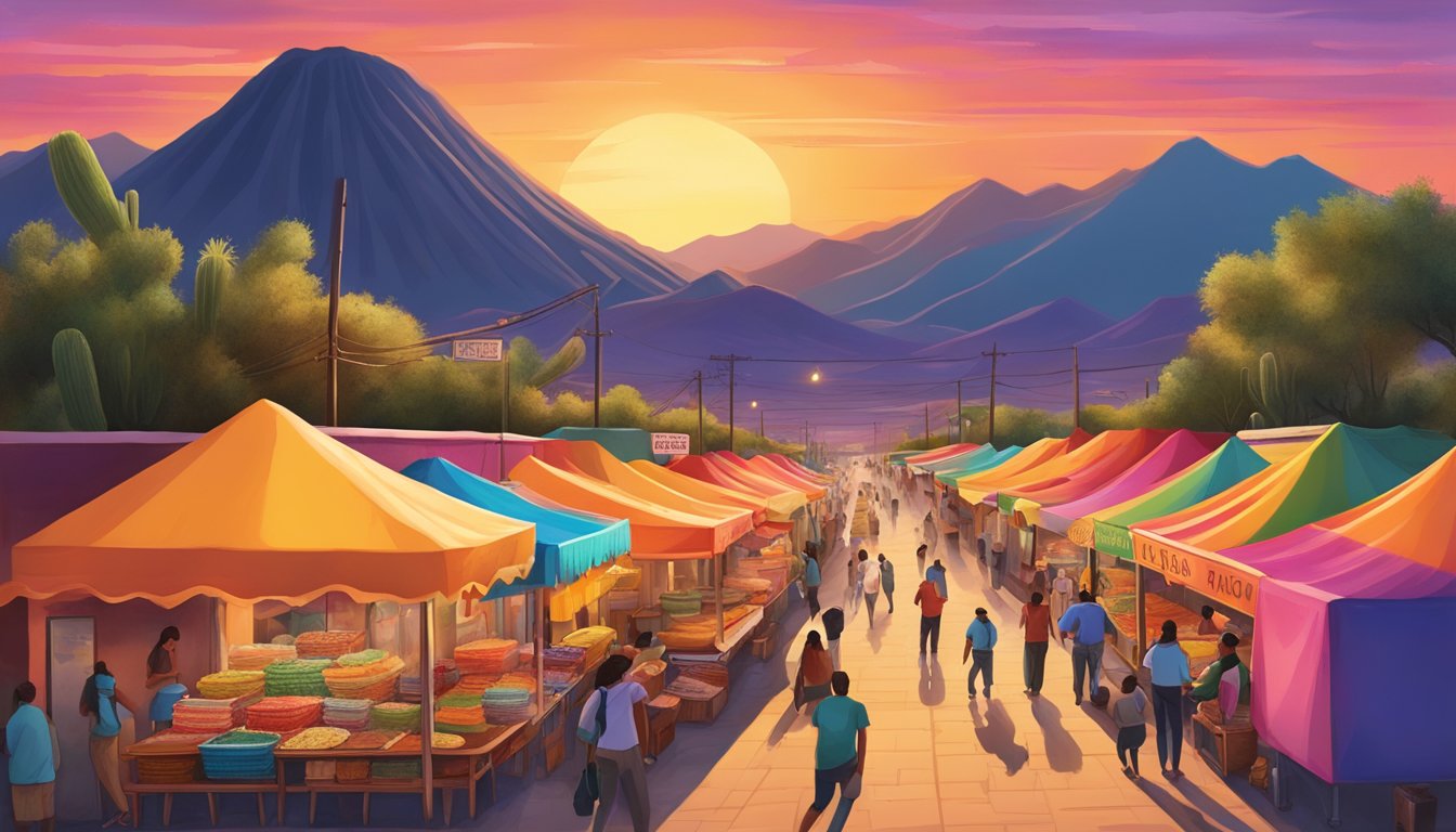 A bustling street lined with colorful taco stands, surrounded by desert mountains and a vibrant sunset in Mexico's northern frontier