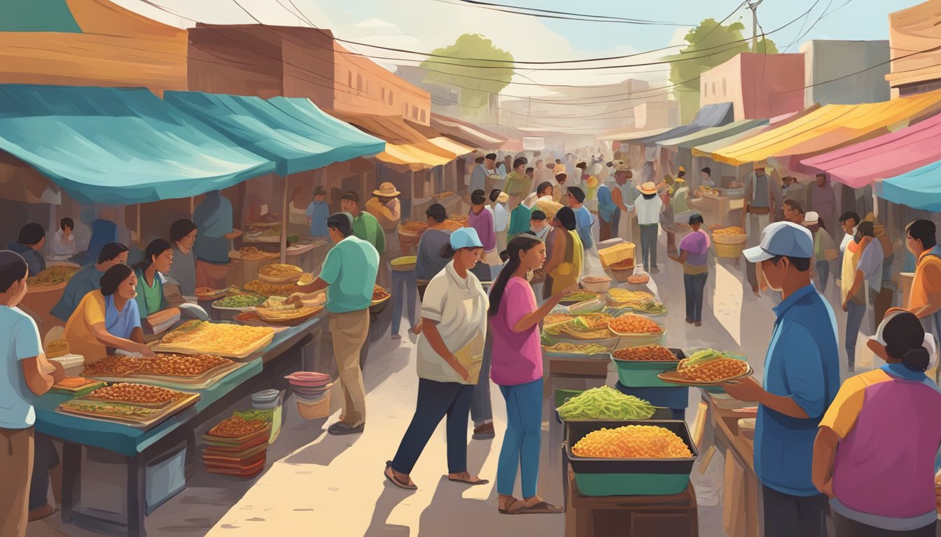 A bustling street market with colorful food stalls and a diverse crowd enjoying tacos in Mexico's northern frontier